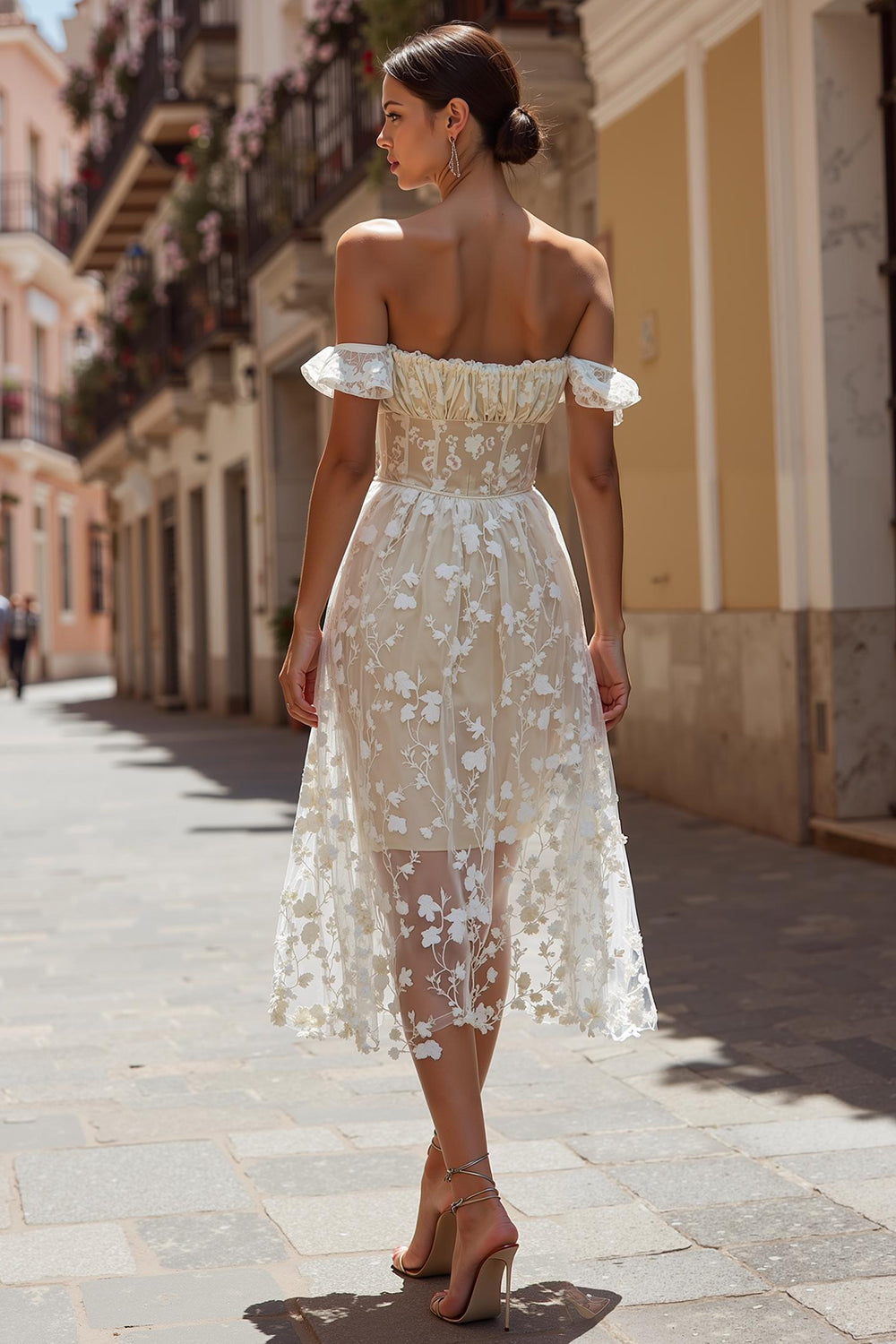 Ivory Floral Off the Shoulder Corset A Line Midi Wedding Dress