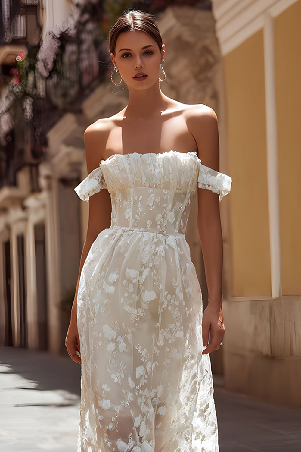 Ivory Floral Off the Shoulder Corset A Line Midi Wedding Dress