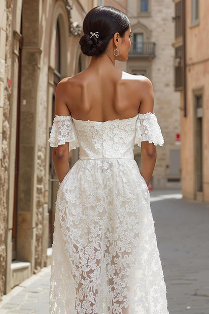 Ivory Lace Off the Shoulder Midi Wedding Dress