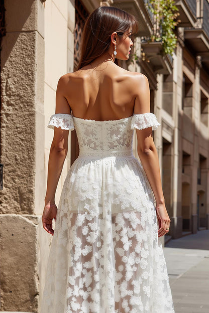 Ivory Lace A Line Off the Shoulder Long Wedding Dress