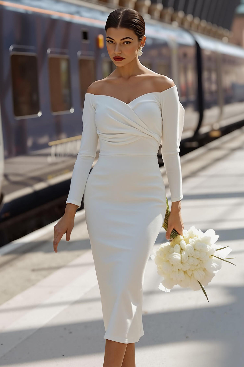 White Satin Bodycon Off the Shoulder Midi Wedding Dress with Bow