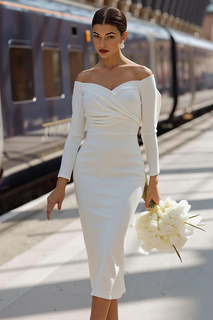 White Satin Bodycon Off the Shoulder Midi Wedding Dress with Bow