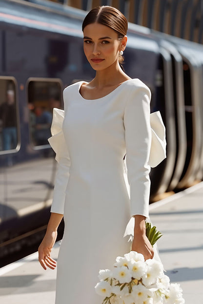 White Round Neck Bodycon Midi Engagement Dress with Bow
