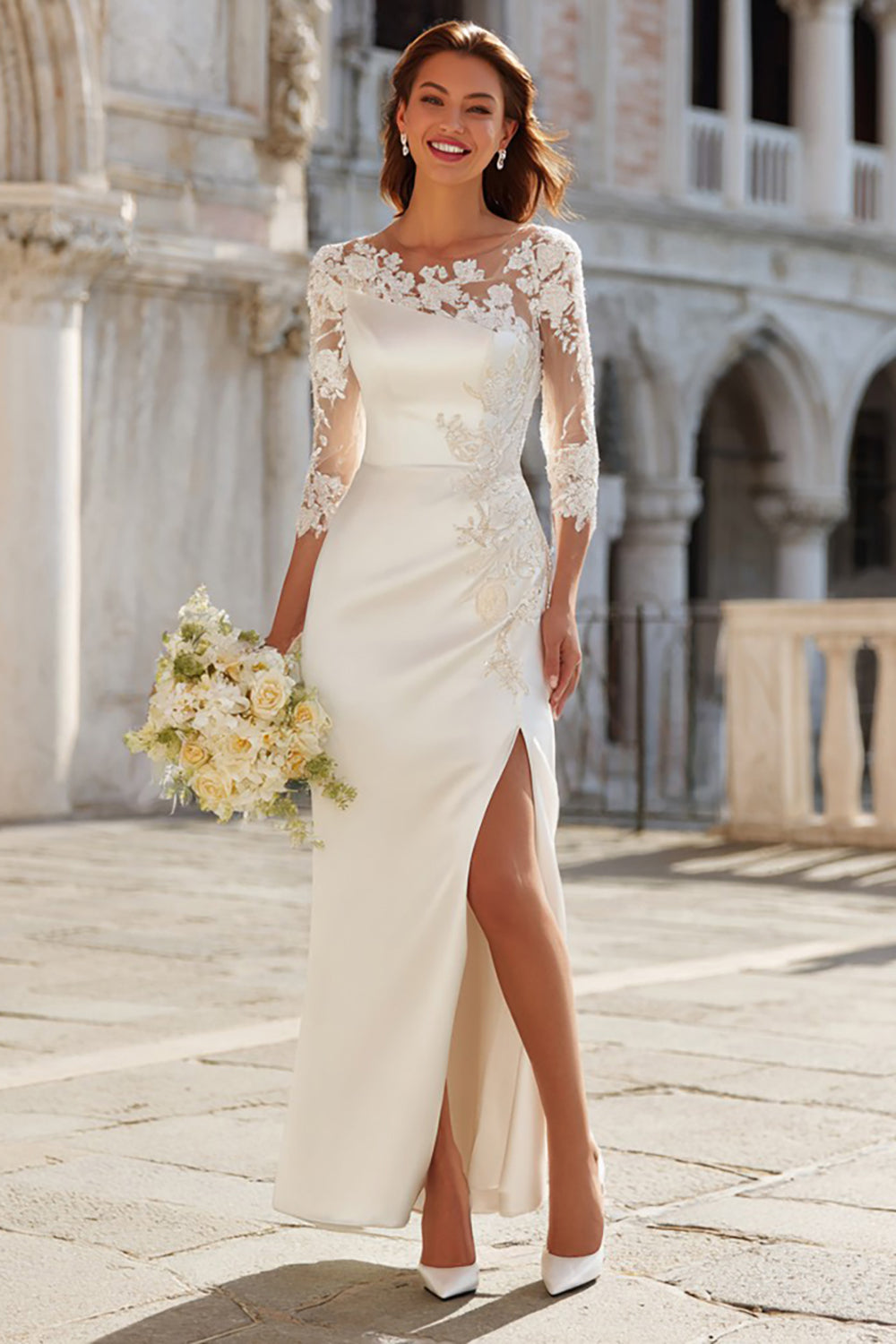 Ivory Sheath Appliqued Long Wedding Dress with Slit
