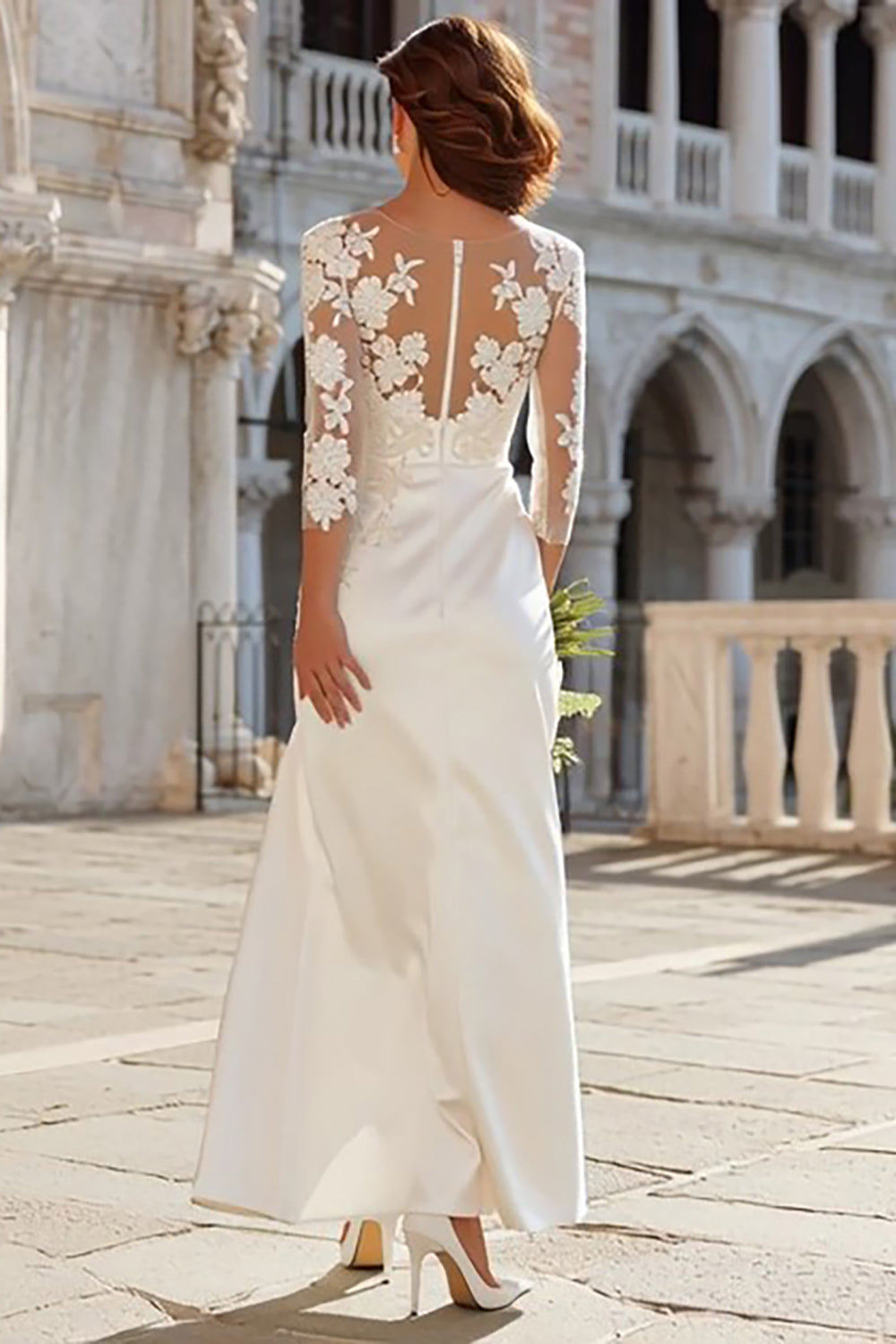 Ivory Sheath Appliqued Long Wedding Dress with Slit