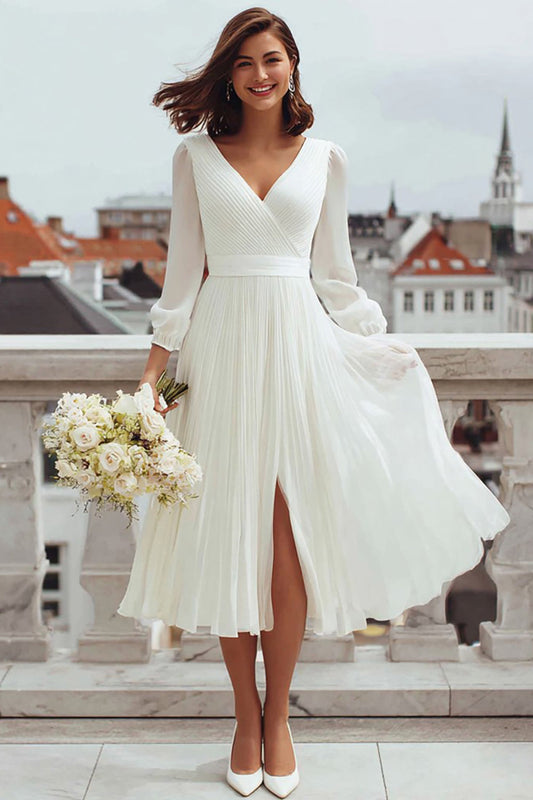Ivory A Line V-Neck Midi Engagement Dress with Slit