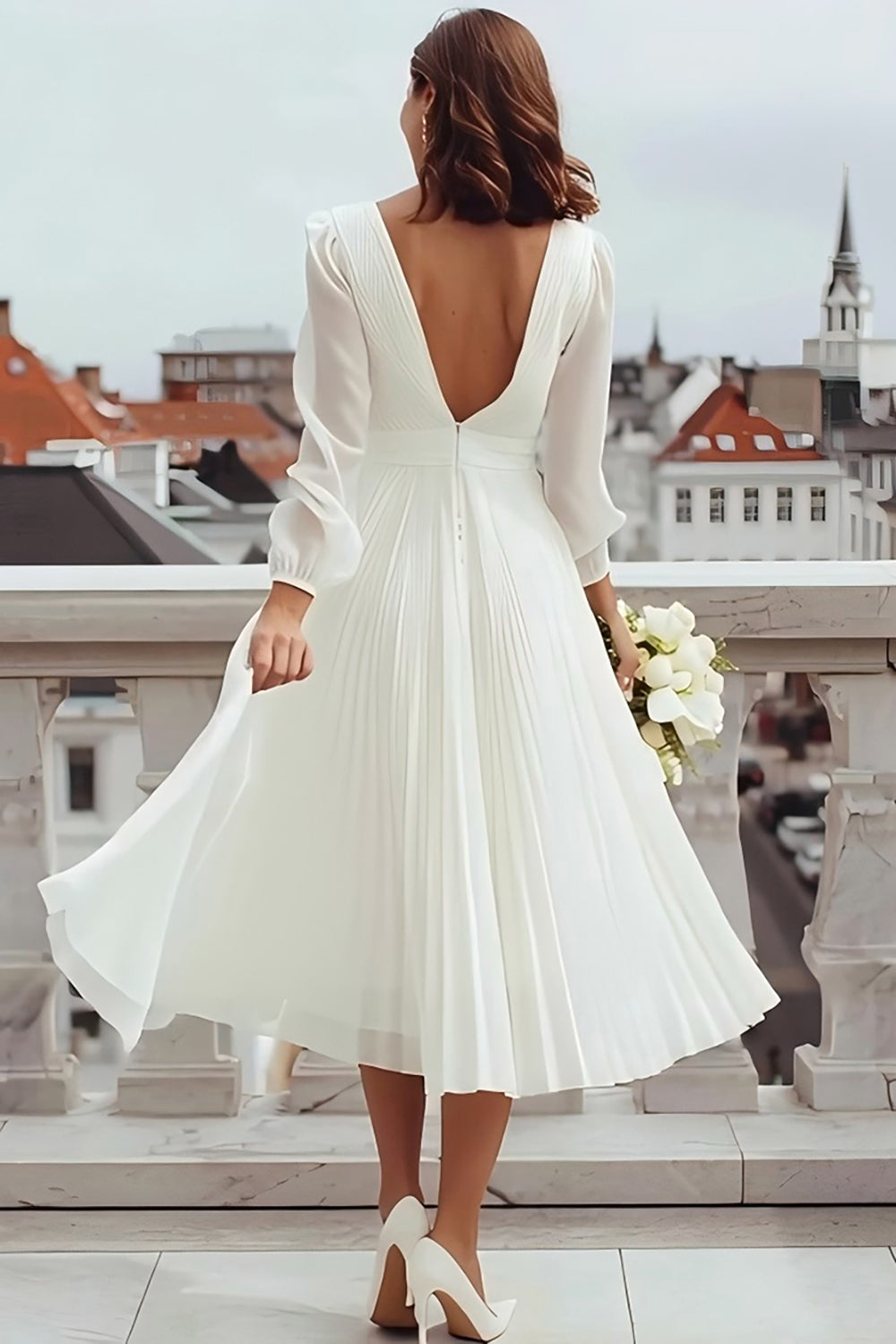 Ivory A Line V-Neck Midi Engagement Dress with Slit
