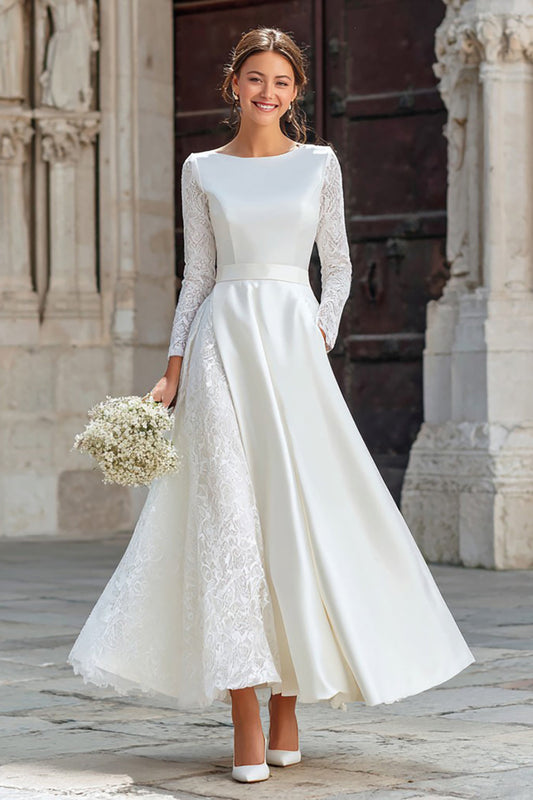 Ivory A Line Boat Neck Long Sleeves Engagement Dress with Pockets