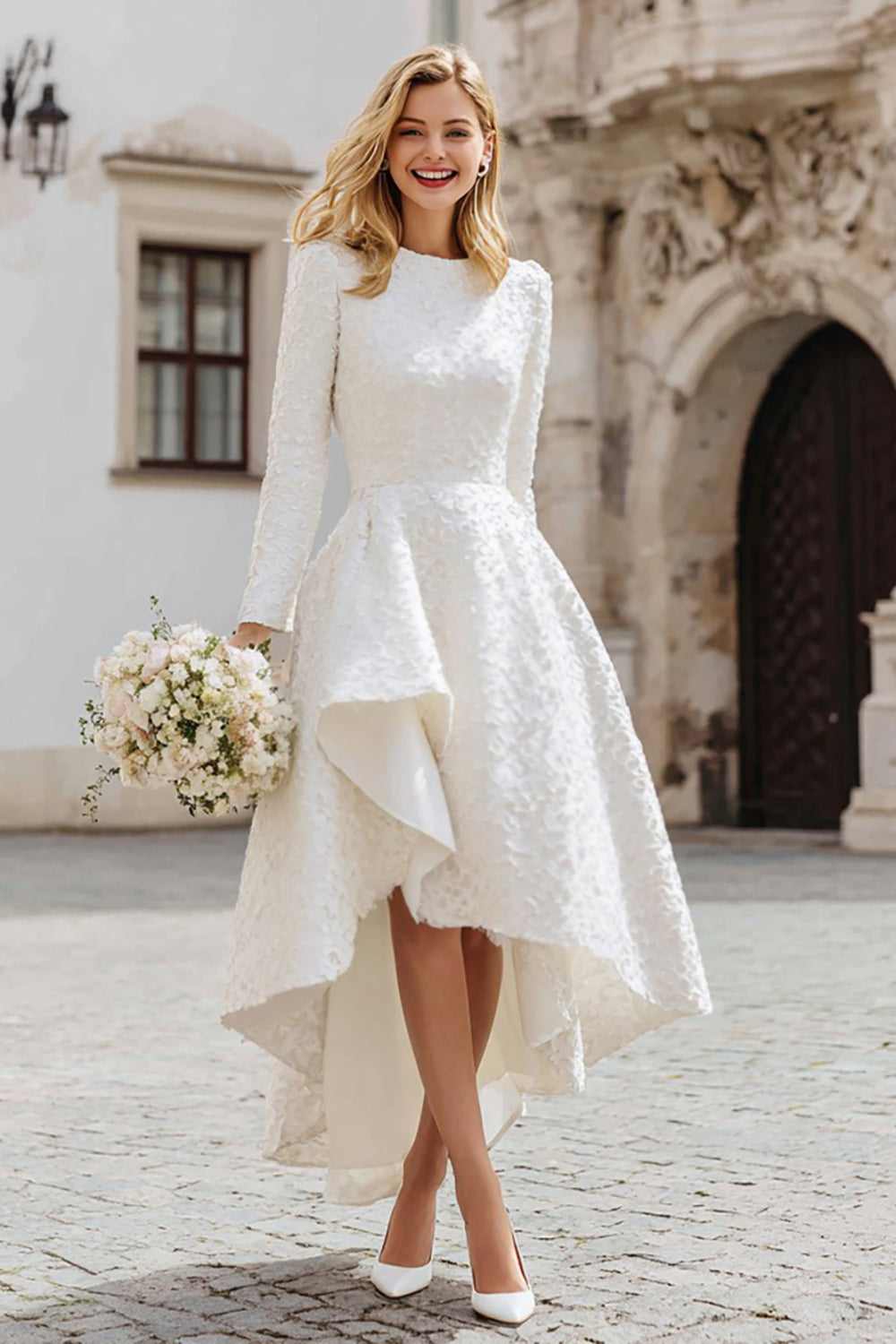Ivory A Line Round Neck High-Low Engagement Dress with Sleeves