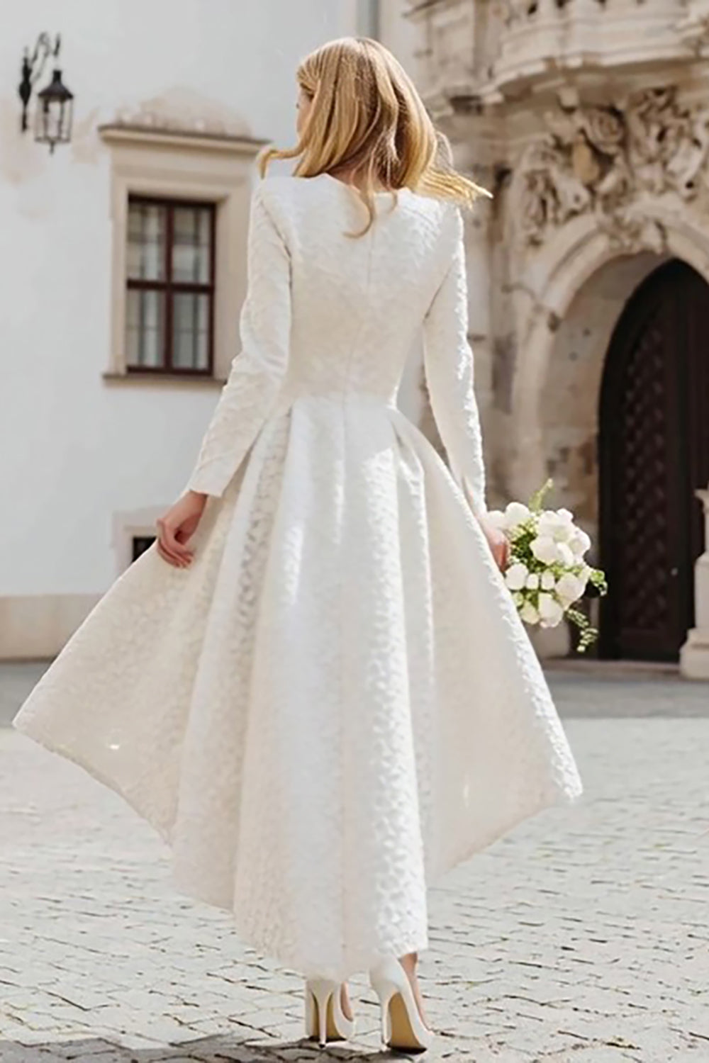 Ivory A Line Round Neck High-Low Engagement Dress with Sleeves