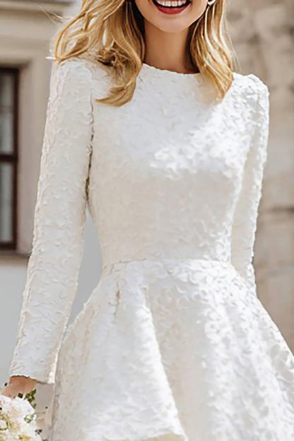 Ivory A Line Round Neck High-Low Engagement Dress with Sleeves