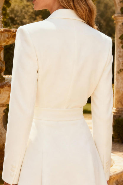 White Peak Lapel Ruched Short Blazer Wedding Dress with Belt