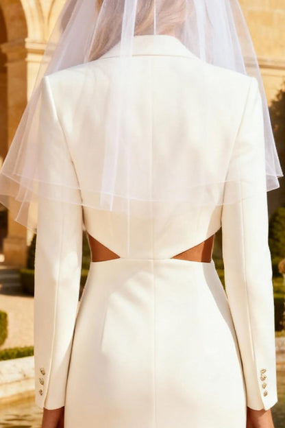 White Peak Lapel Cut Out Midi Blazer Wedding Dress with Slit