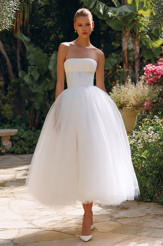 Simple White A Line Tulle Strapless Long Engagement Dress