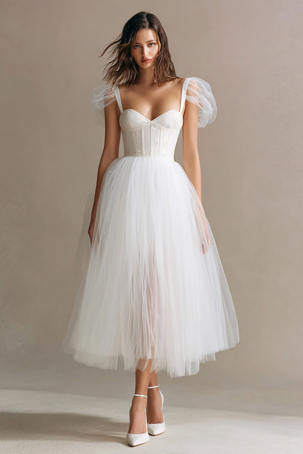 Simple White A Line Corset Tulle Long Engagement Dress
