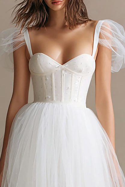 Simple White A Line Corset Tulle Long Engagement Dress