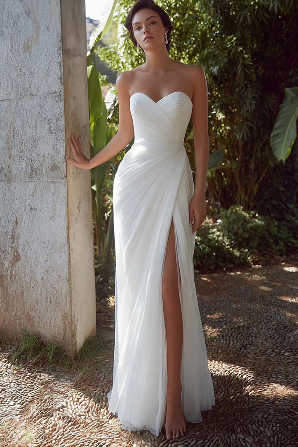 White Sweetheart Chiffon Long Engagement Dress with Slit
