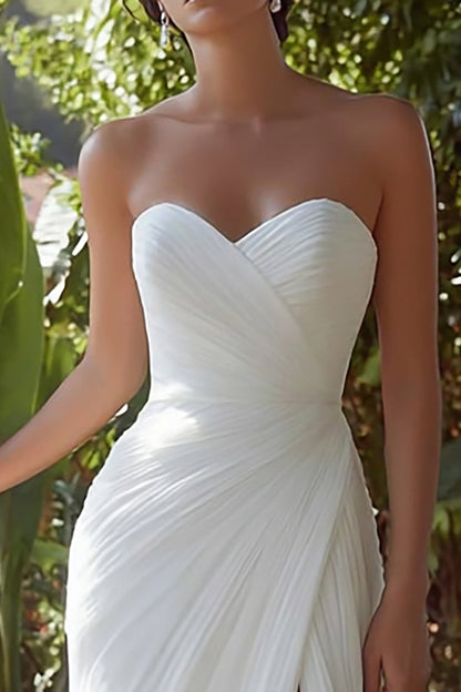 White Sweetheart Chiffon Long Engagement Dress with Slit