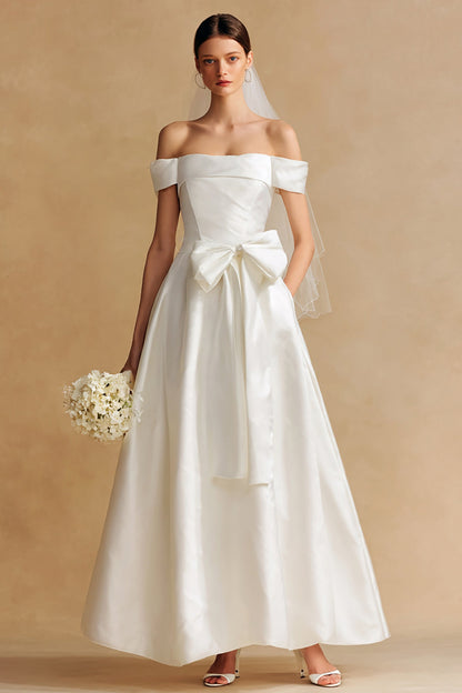 White Off the Shoulder Satin Long Wedding Dress with Bow