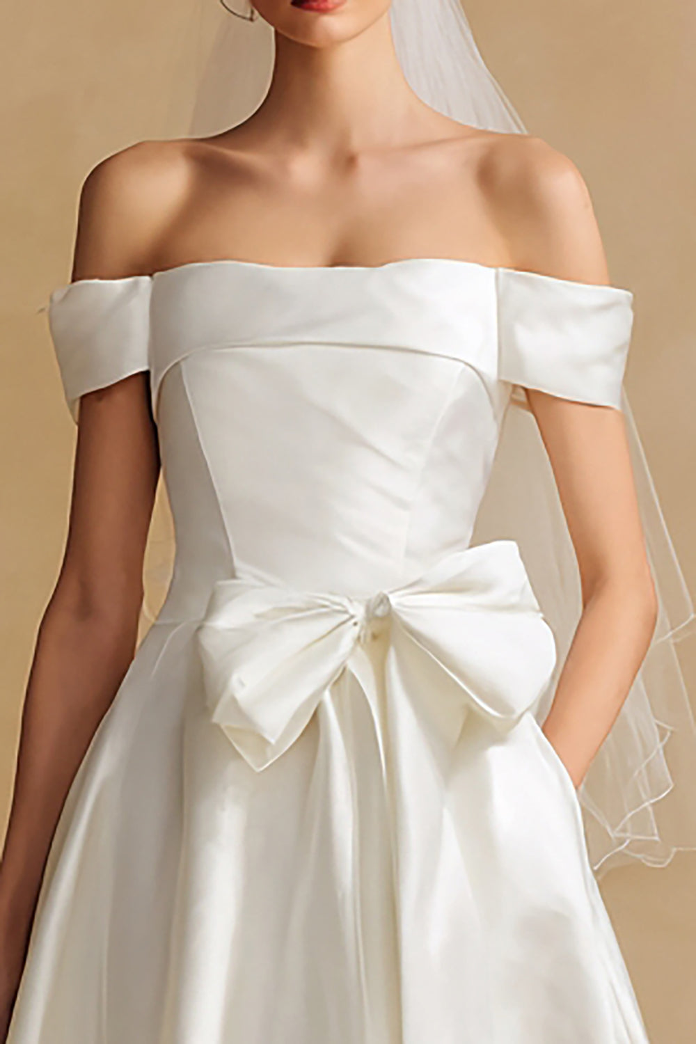 White Off the Shoulder Satin Long Wedding Dress with Bow