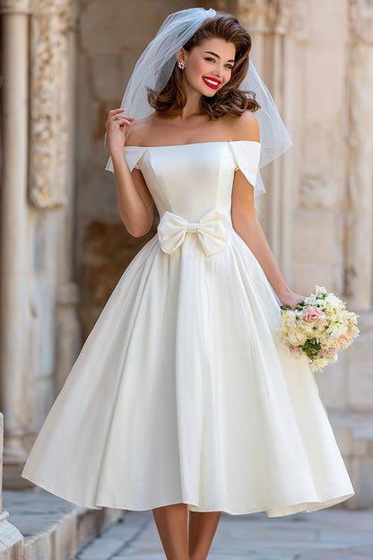 A Line Ivory Off the Shoulder Midi Wedding Dress with Bow