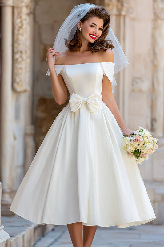 A Line Ivory Off the Shoulder Midi Wedding Dress with Bow