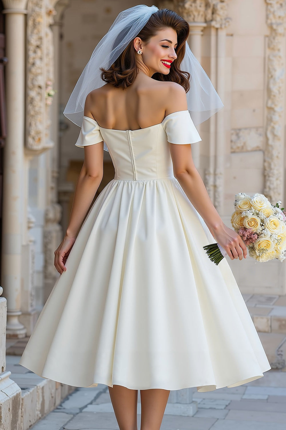 A Line Ivory Off the Shoulder Midi Wedding Dress with Bow