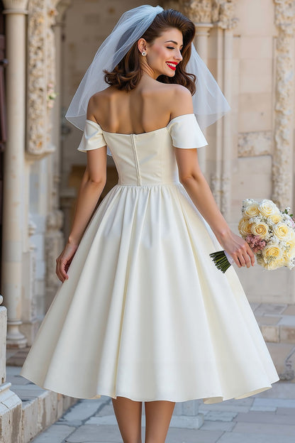 A Line Ivory Off the Shoulder Midi Wedding Dress with Bow