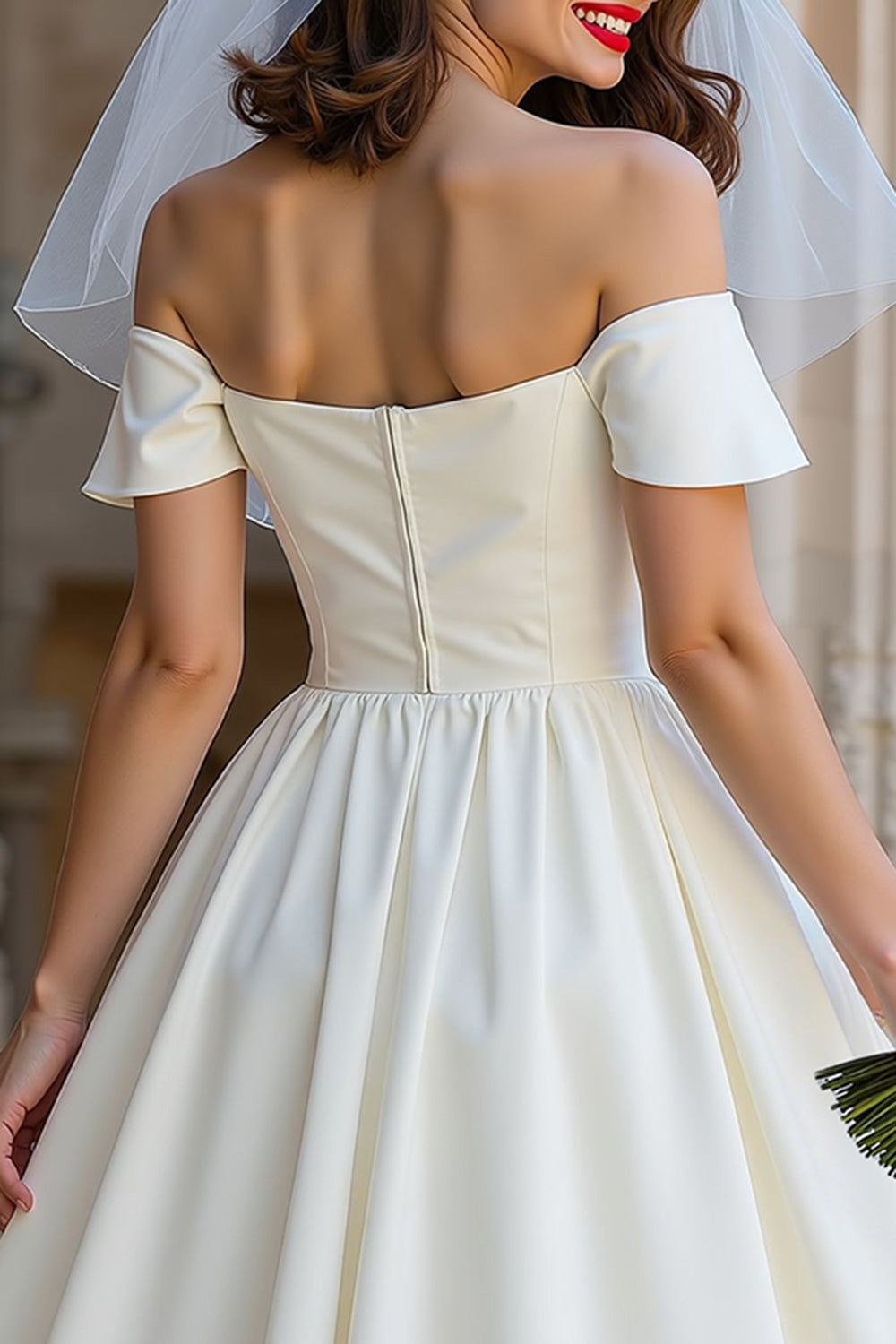 A Line Ivory Off the Shoulder Midi Wedding Dress with Bow