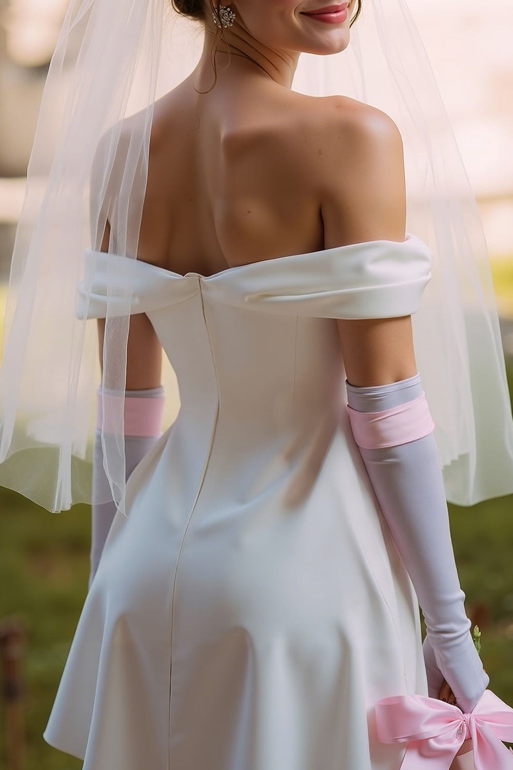 White Off the Shoulder A Line Short Wedding Dress (without Gloves)