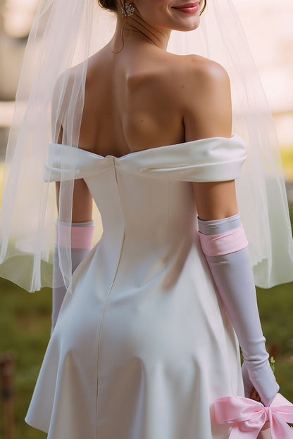 White Off the Shoulder A Line Short Wedding Dress (without Gloves)