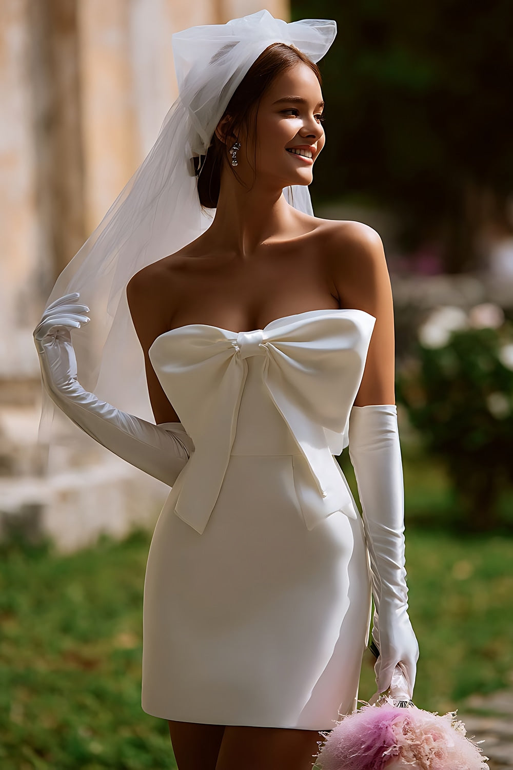 Strapless White Bodycon Short Wedding Dress with Bow with Gloves