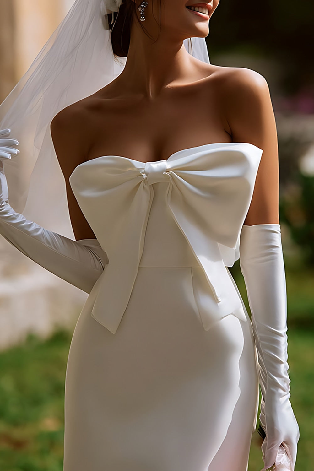 Strapless White Bodycon Short Wedding Dress with Bow with Gloves