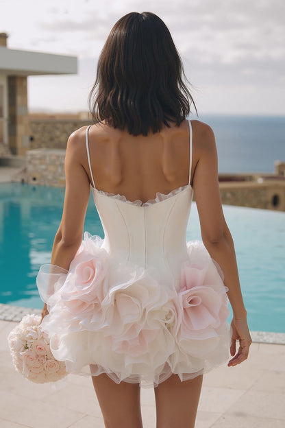 White Satin Spaghetti Straps Bodycon Short Wedding Dress with 3D Flowers