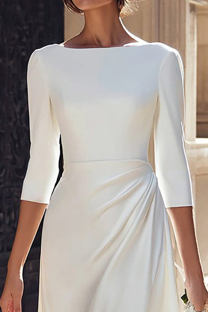 Ivory Satin A Line Bateau Neck Midi Wedding Dress