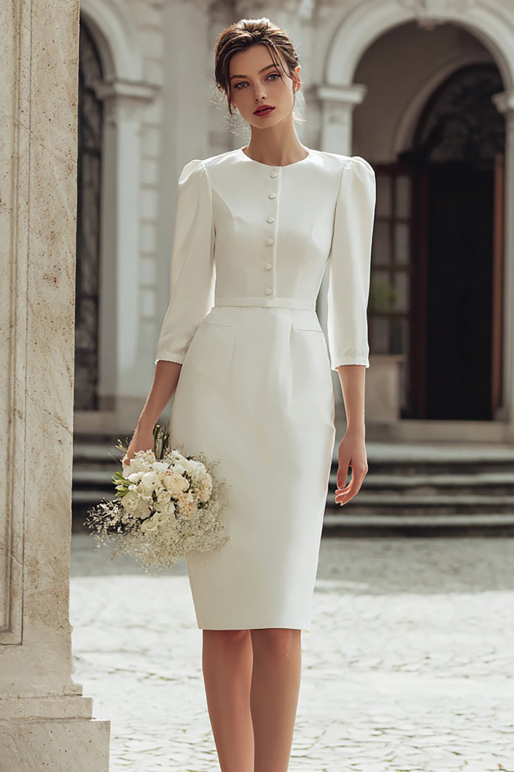Ivory Round Neck Midi Bodycon Wedding Dress with Buttons