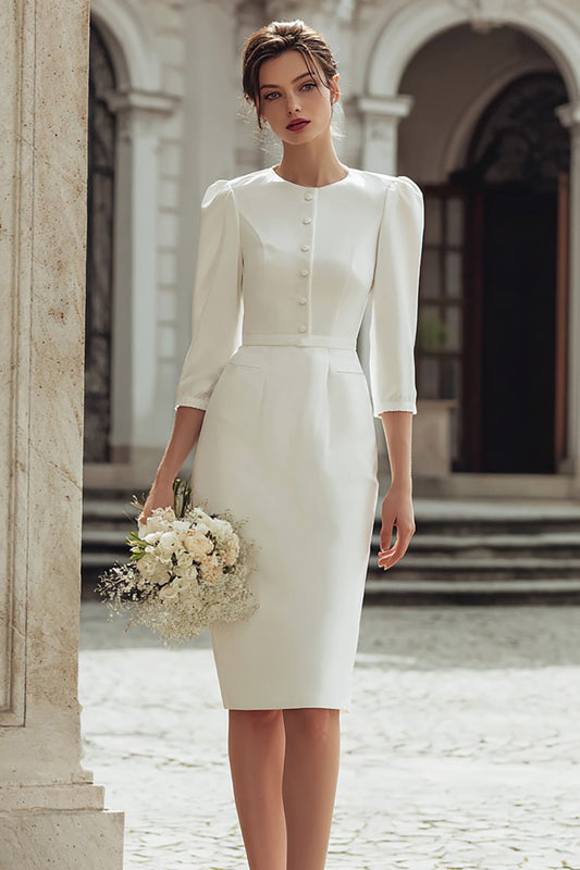 Ivory Round Neck Midi Bodycon Wedding Dress with Buttons