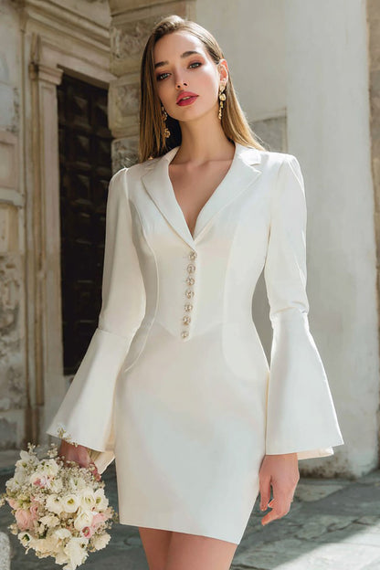 Ivory Notched Lapel Bodycon Short Blazer Wedding Dress with Sleeves