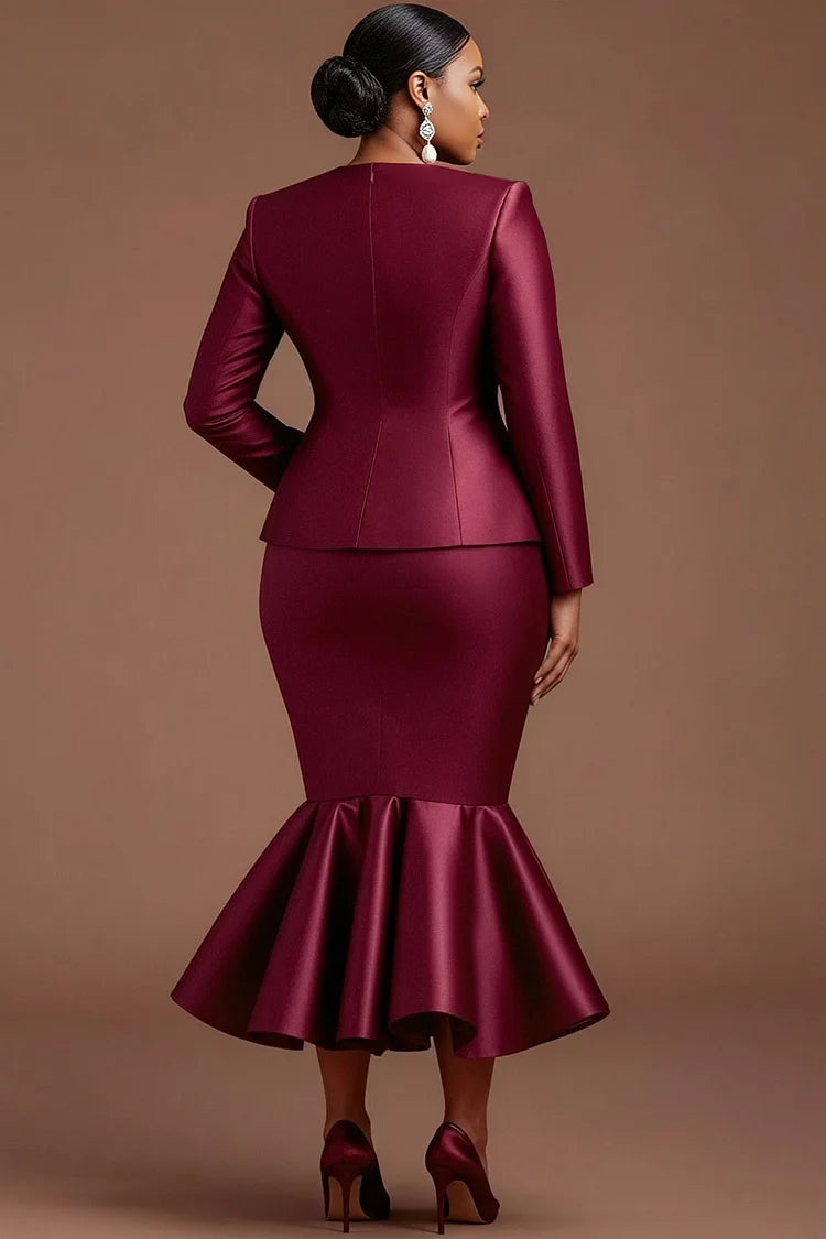 Formal Burgundy V Neck Long Sleeve 3D Elegant Bodycon Satin Two Piece Skirt Sets