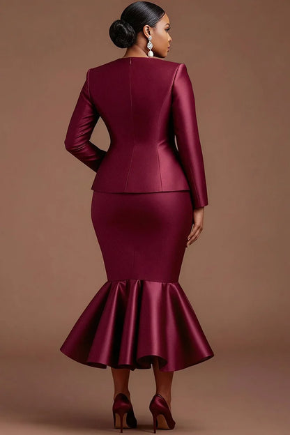 Formal Burgundy V Neck Long Sleeve 3D Elegant Bodycon Satin Two Piece Skirt Sets
