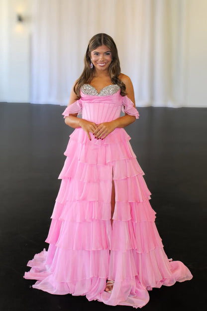 Gorgeous A Line Sweetheart Pink Chiffon Tiered Prom Dress with Beading