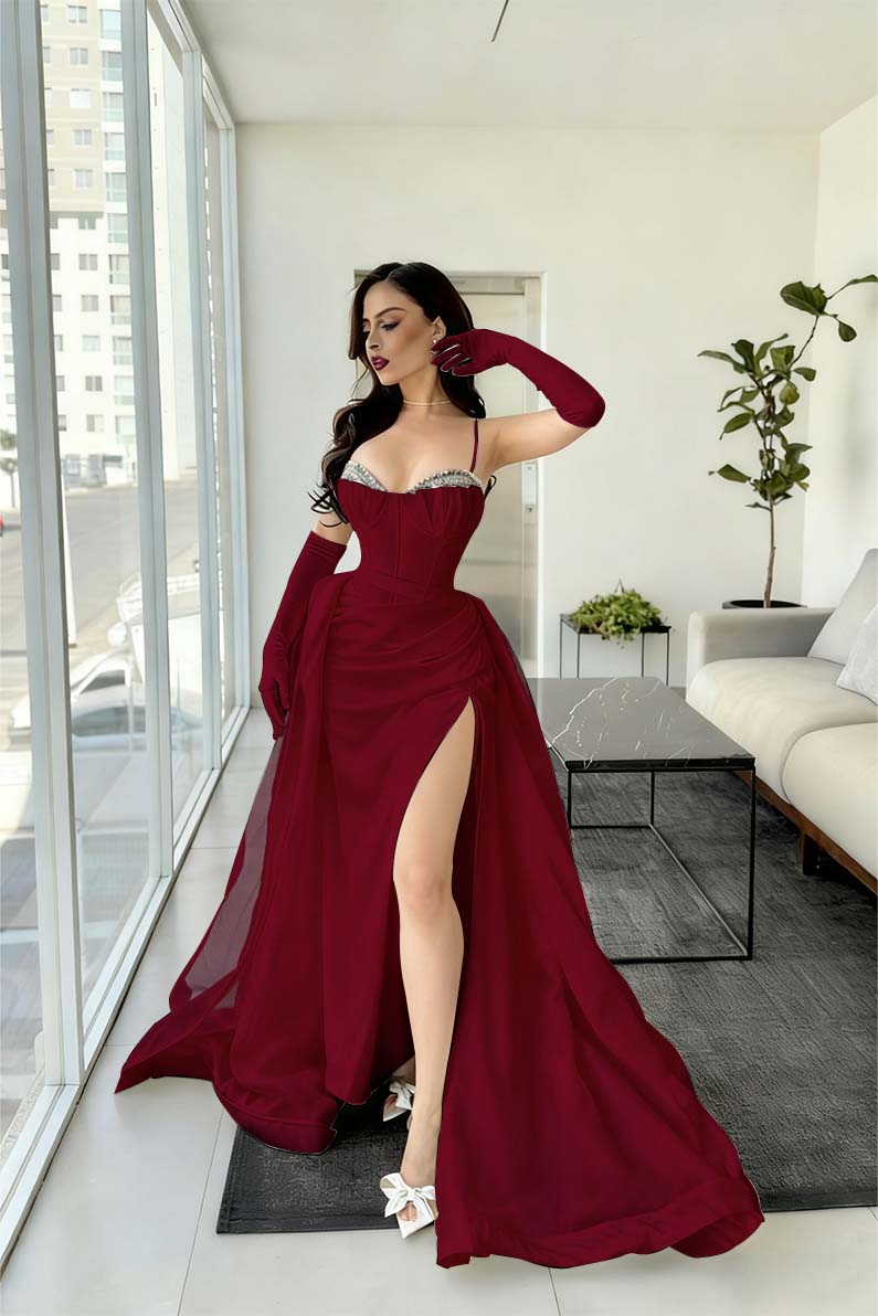 Spaghetti Strap Sleeveless Long Mermaid Prom Dress With Split Gloves