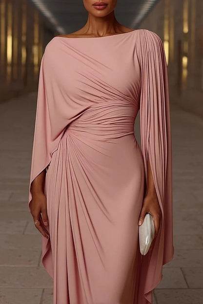 Asymmetric Cape Sleeve Ruched Waist Pleated Boat Neck Maxi Dresses