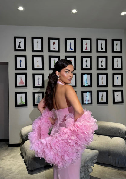 Pink Halter Dress with Floral cape Prom Dress