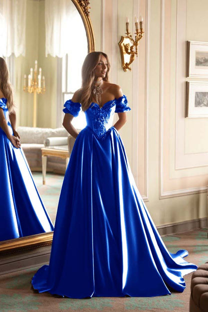 Short Sleeves Long A-Line Prom Dress With Embroidered And Pleated