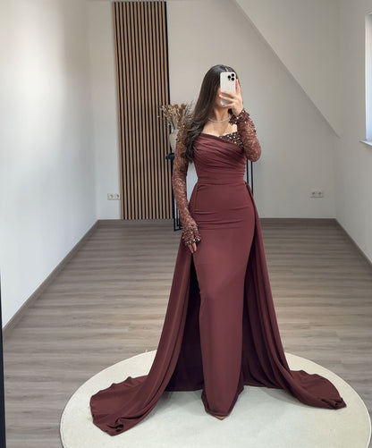 Long Sleeves Empire-Waist Ruched Feathers Formal Evening Dress