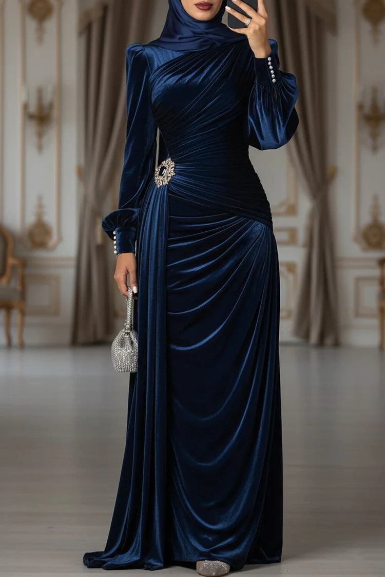 Streamer Pleated Ruched Pearl-Cuffed Velvet Party Maxi Dress