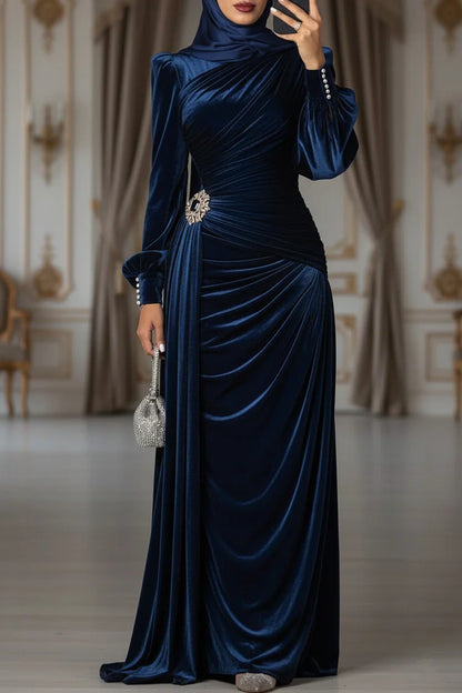 Streamer Pleated Ruched Pearl-Cuffed Velvet Party Maxi Dress