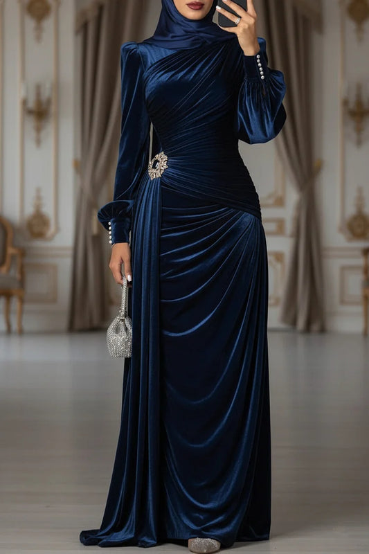 Streamer Pleated Ruched Pearl-Cuffed Velvet Party Maxi Dress
