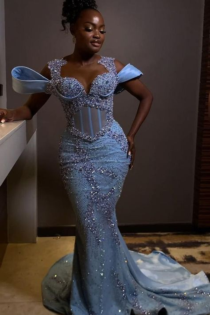 Stunning Off the shoulder Blue Mermaid Beaded Floor length Prom Dress